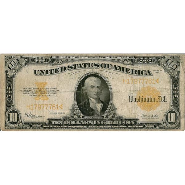 1922 $10 Gold Certificate Bank Note
