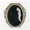 Image 3 : Antique Art Deco Men's 10k Gold Agate Double Cameo & Shield Cut Aquamarine Ring