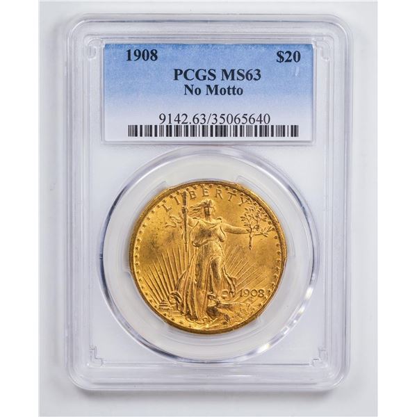 1908 $20 No Motto Double Eagle Gold Coin PCGS MS63