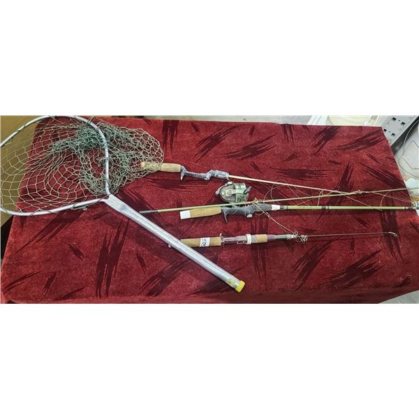 3 ASSORTED FISHING RODS AND NET