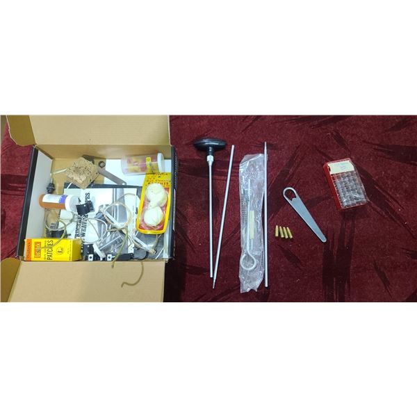 4-25AUTO SHELL AND BOX OF MISC GUN PARTS AND ACCESSORIES
