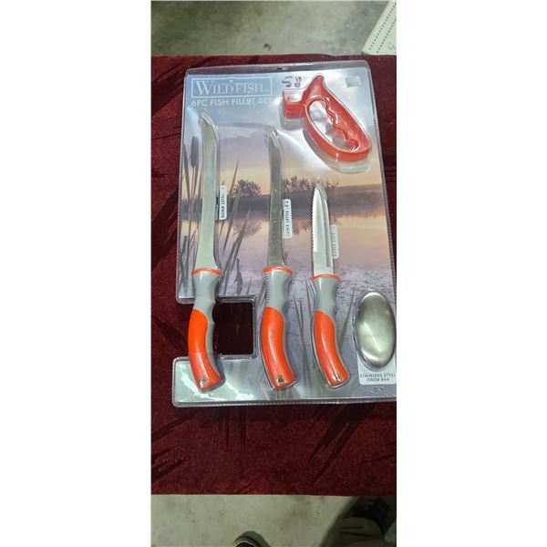 WILDFISH 6 PC FISH FILLET SET C/W 5", 7 1/2" AND 9" FILLET KNIVES AND SHARPENER