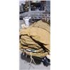 Image 1 : CANVAS WALL TENT 12FT X14FT X 3FT WALLS, SIZE AND  CONDITION UNKNOWN APPEAR OK SEE NOTE ON TAGS