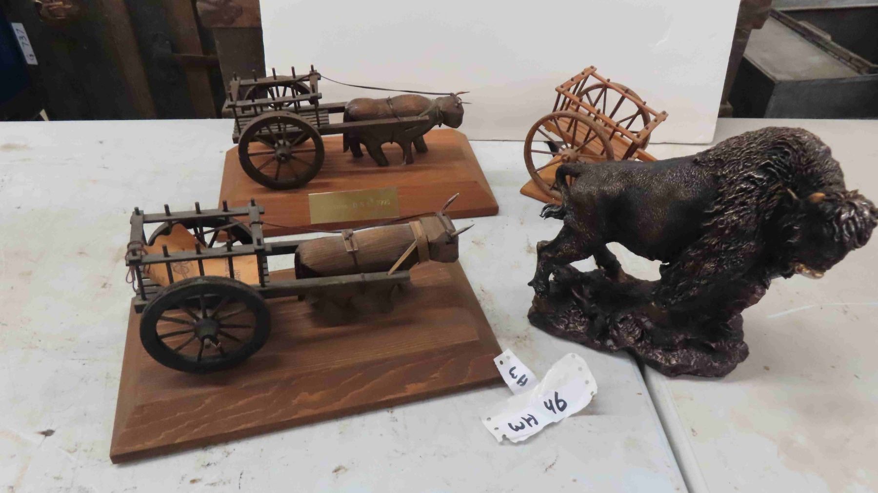 3 Wood Red River Cart Displays , Bison Statue