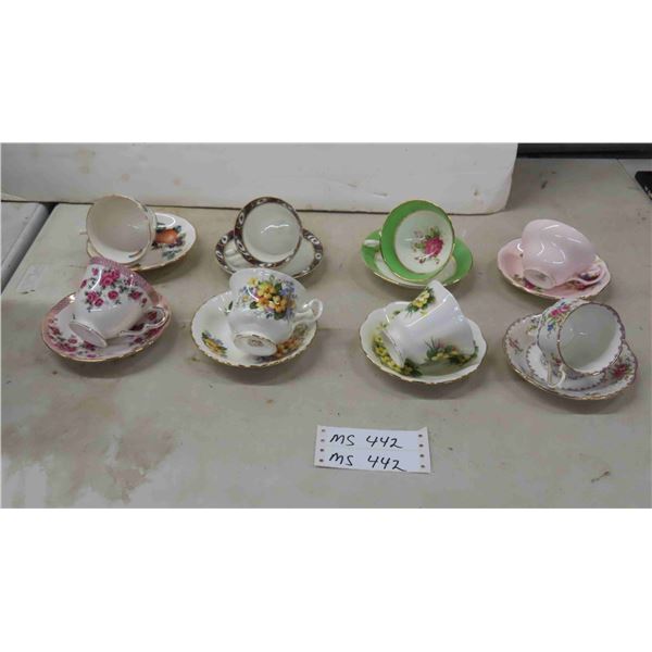 8 Tea Cups + Saucers ; Queen Anne, Royal Albert, plus others