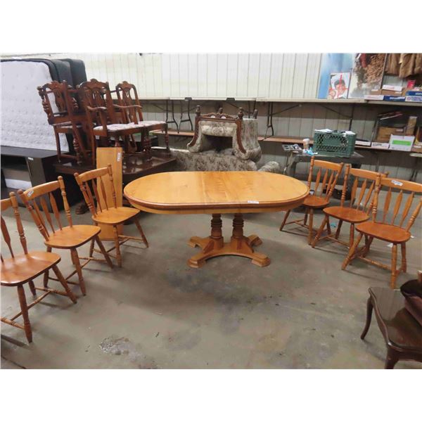 Double Pedastal Wood Table 30'' x 58'' x 42'' , (2) 11'' Leafs & 6 Chairs 