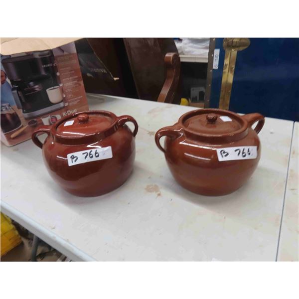 2 Sunburst Brown Stoneware Bean Pots