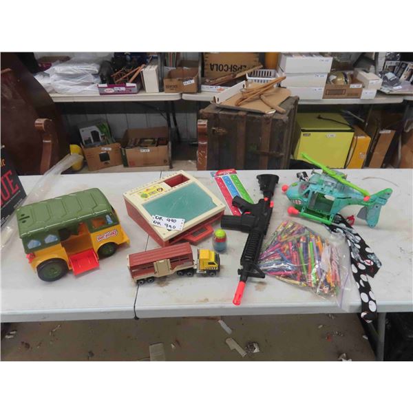 Various Toys ; Tonka Truck + Trailer, Fisher Price School Desk, Plus more