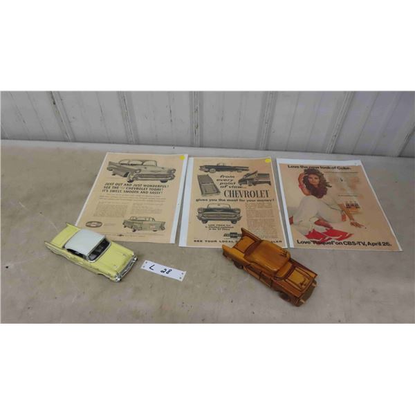 Advertising 1957 + 1956 for '57 Chevy, Die Cast 1957 Chevy Belair, Wooden Car