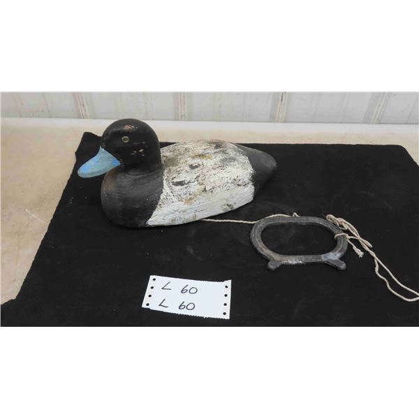 Hand Carved Wooden Duck Decoy with Glass Eyes + Anchor