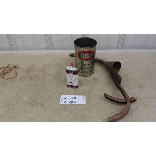 Roco Motor Oil Quart Tin, can of Gun Oil, Vintage Oil Funnel with Can Holder