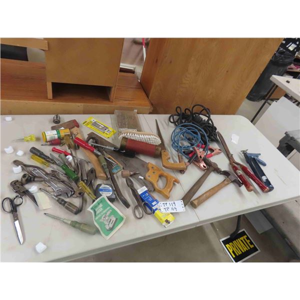 Hatchet, Crescent Wrench, Tin Snips, Hammer, Booster Cables, Drill Bits