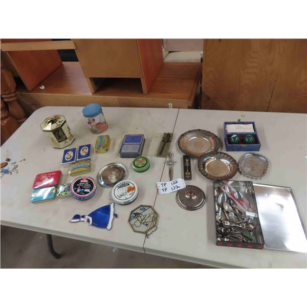 Tins, Silverware, Gulf 1st Aid Kit, Letter Opener, Oriental Iron Ball, plus more