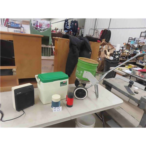 Coleman Oscar Cooler, Philips Electric Heater, Seed Broadcaster, Thermos