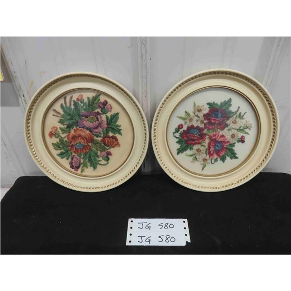 2 Petit Point Flower Pictures 9 1/4'' Diameter