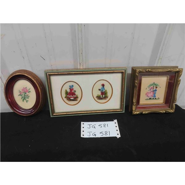 3 Petit Point Pictures 9'' x 6'' , 5 1/2'' x 5 1/2'' , 4 1/2'' x 5 1/2''