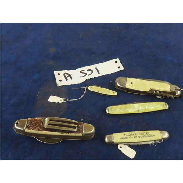 5 Pocket Knives (1) Swiss Multi Blade (1) with Hotel Advertising