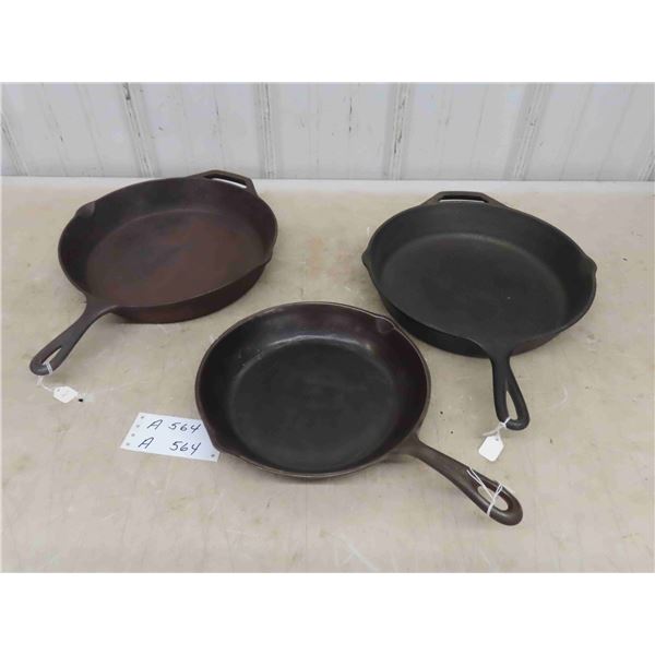 3 Cast Iron Frying Pans (2) 12'' & (1) 10''