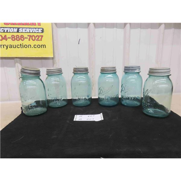 6 'Ball' Blue Tinted Mason Jars with Lids