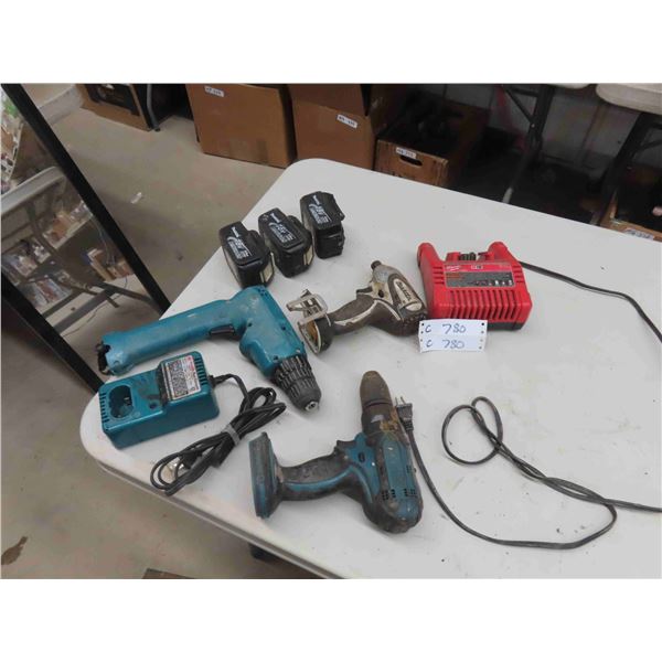 3 Makita Drills , 1 Makita Charger , (3) 18V Makita Batteries, Milwaukee 18V