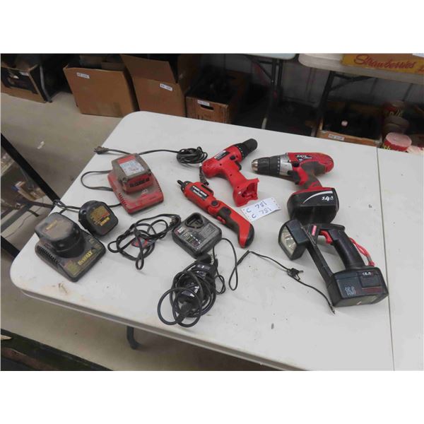Various Cordless Tools: 2 Drills , Black and Decker 12V Screwdriver with
