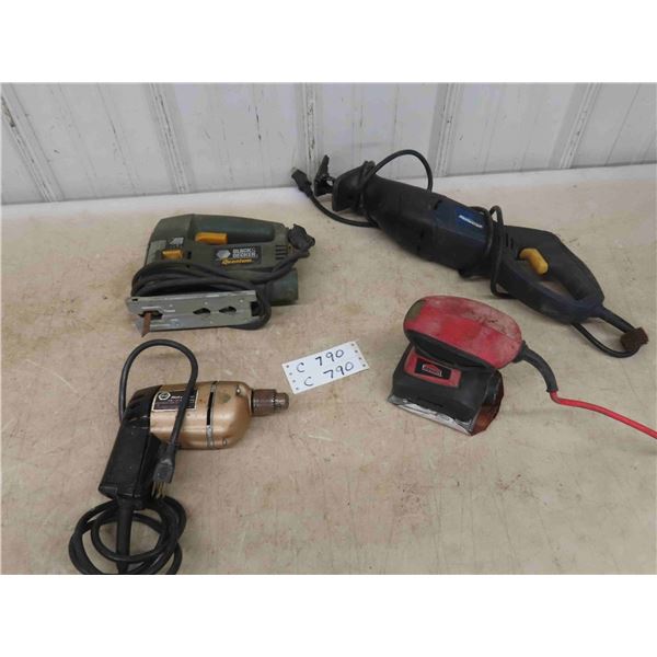 4 Power Tools: Black and Decker Drill, Jig Saw, Mastercraft Reciprocating Saw,