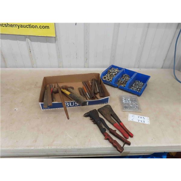 Files, Pop Rivots and Gun, Chisels, Various Washers and Nuts