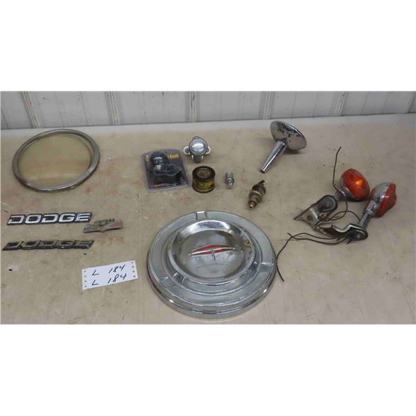 Vintage Auto Items: Dodge Emblems, Cigarette Lighter, Headlights, Chrome Side 
