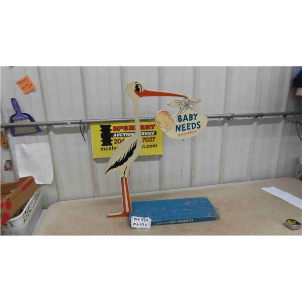 Johnson Johnson Stork Carrying Baby Wooden Display 29 1/2'' x 25''