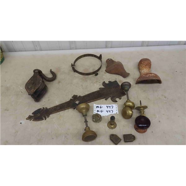 Vintage Brass/Porcelain Door Hardware, Double Pulley, Hinge, Plus