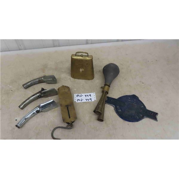 3 Way Squeeze Horn, Open Cow Bell, Hanging Scale, 3 Quart Oil Can Funnels, Winnipeg 