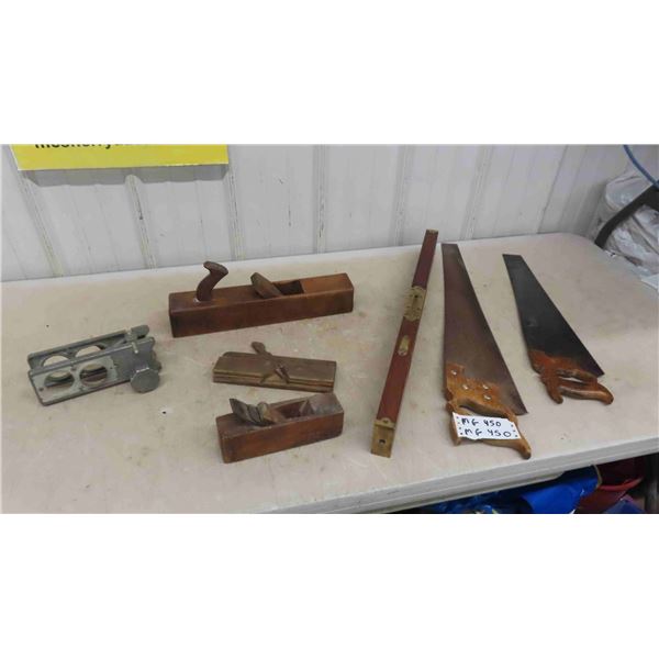 2 Saws, Stanley Wood and Brass Level, Door Jig, Block and Molding Planer