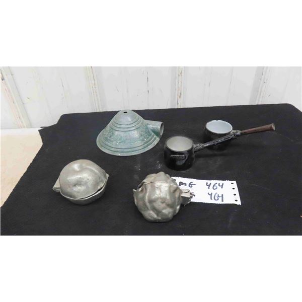 Old Metal Chocolate Molds, Cast Pot with Handle, Early Lawn Sprinkler