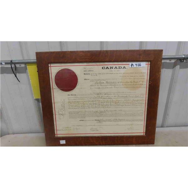 1895 Dominion Lands Grant Framed Document 23'' x 27''