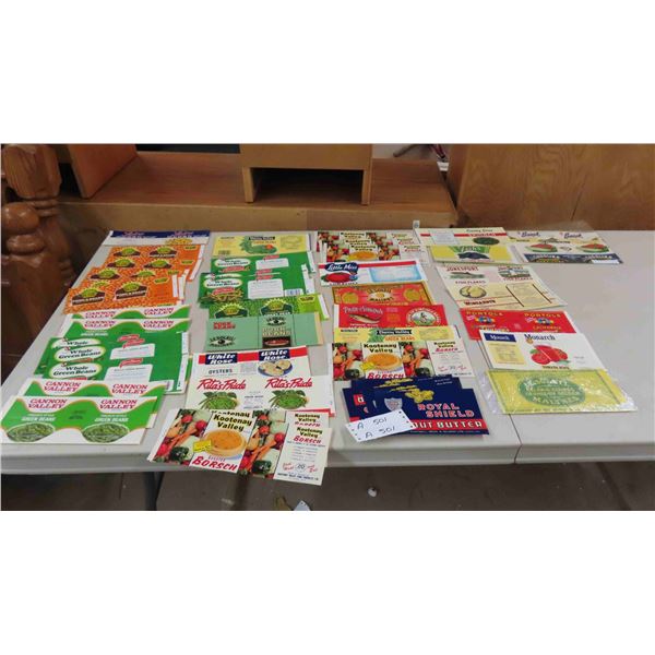 Vintage Labels - Cannon Valley, Big Giant, Lushus Corn, Ritas Pride, Jonesport Fish 