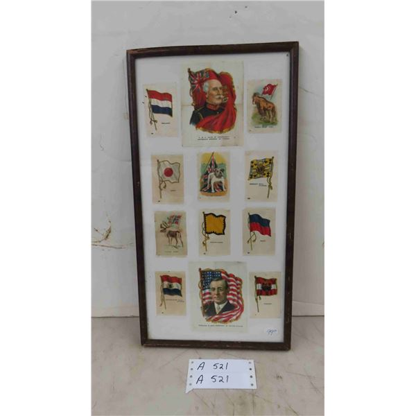 Framed Picture with Vintage Cloth Advertisements from England, Japan, Holland, 