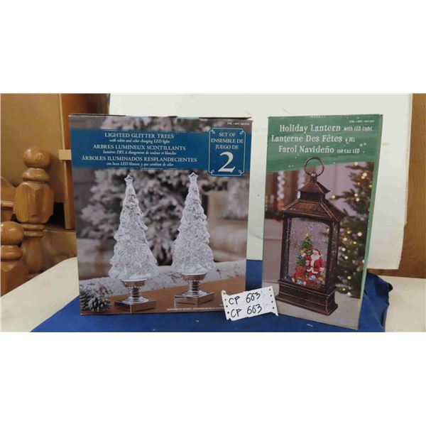 2 New Christmas Decorations - 2 Lighted LED Glitter Trees , Holiday Lantern with 