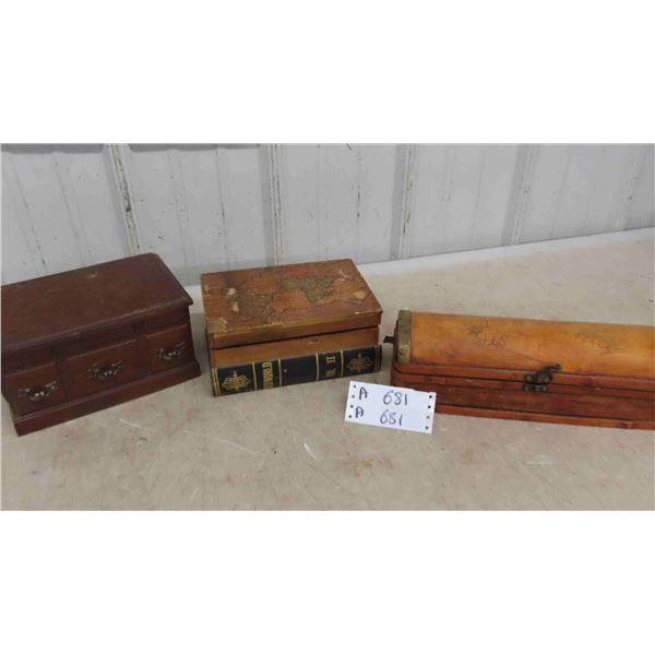 2 Wood Jewelry Boxes 1 Has Cool Map Design, Wood Case
