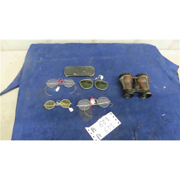WW2 Binoculars , 4 Vintage Specs, 1 Case