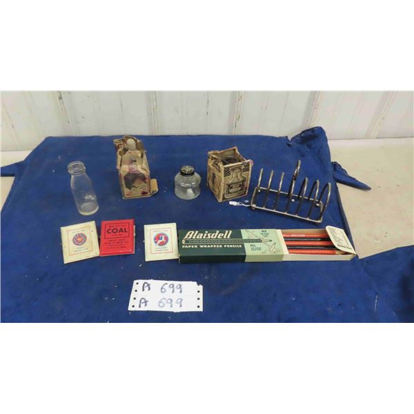 3 Ink Wells 2 with Box, Letter Organizer, Clips with Advertising, New Old