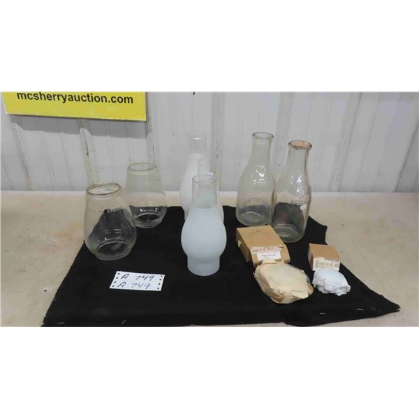 3 Frosted Chimneys, 2 Glass Milk Bottles, 2 Packages Chemical Watch