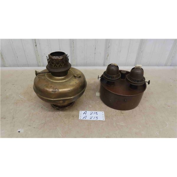 2 Kerosene Lanterns - 1 Copper Double Burner, 1 Brass - No Chimneys