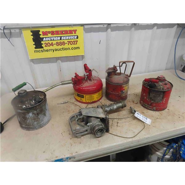 Bulk Fuel Nozzle , 2 Explosion Proof Gas Cans, 2 Metal Gas Cans