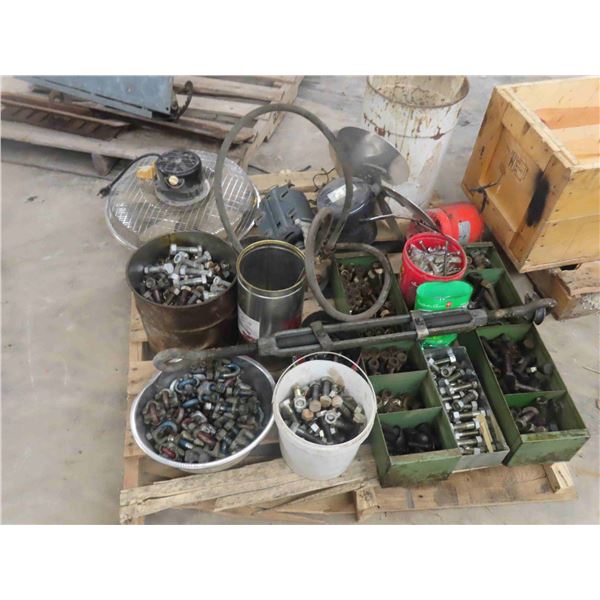 Pallet Lot of Bolts, Nuts, Cable Clamps, Cable Tighteners, 3 Electric Motors