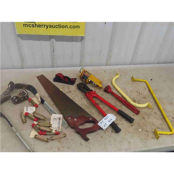 Bolt Cutter, Climbing Spurs, New 2'' Ball Hitch, Hand Planer, Saw, 2 Handles,