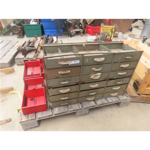 Pallet Lot of 18 Drawer Metal Organizer, Wood and Metal Parts Bins 23'' x 34''