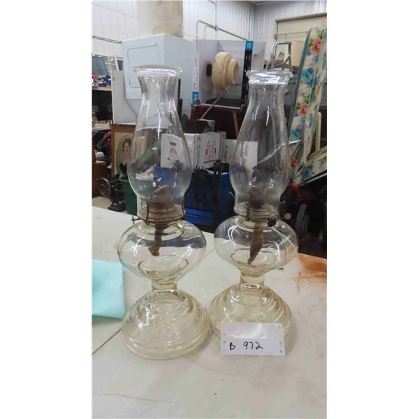 Pair of Matching Oil Lamps with Chimneys