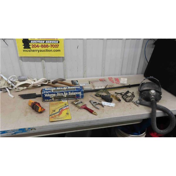 Odds + Sods ; Ice Chisel, Gas Mask, Ice Grippers, Axe, Hammer, Drill Bits, Air Balancer,