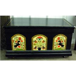 Early Blanket Chest, Repainted 1971, Black With Unicorns And Floral Portraits
