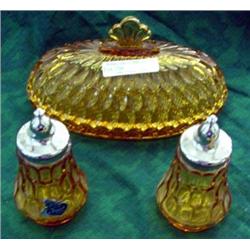 Fenton Amber Covered Butter Dish And Salt And Pepper Shakers